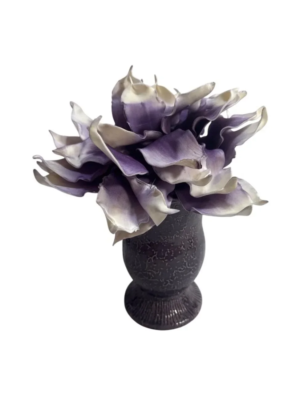 Purple White Artificial Calla Lily Petals In Textured Ceramic Vase Centerpiece D